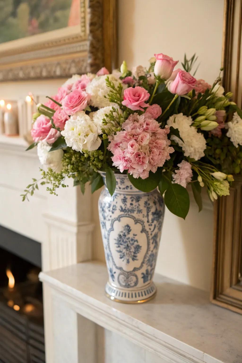 Elegant chinoiserie vase adds sophistication to the mantel.