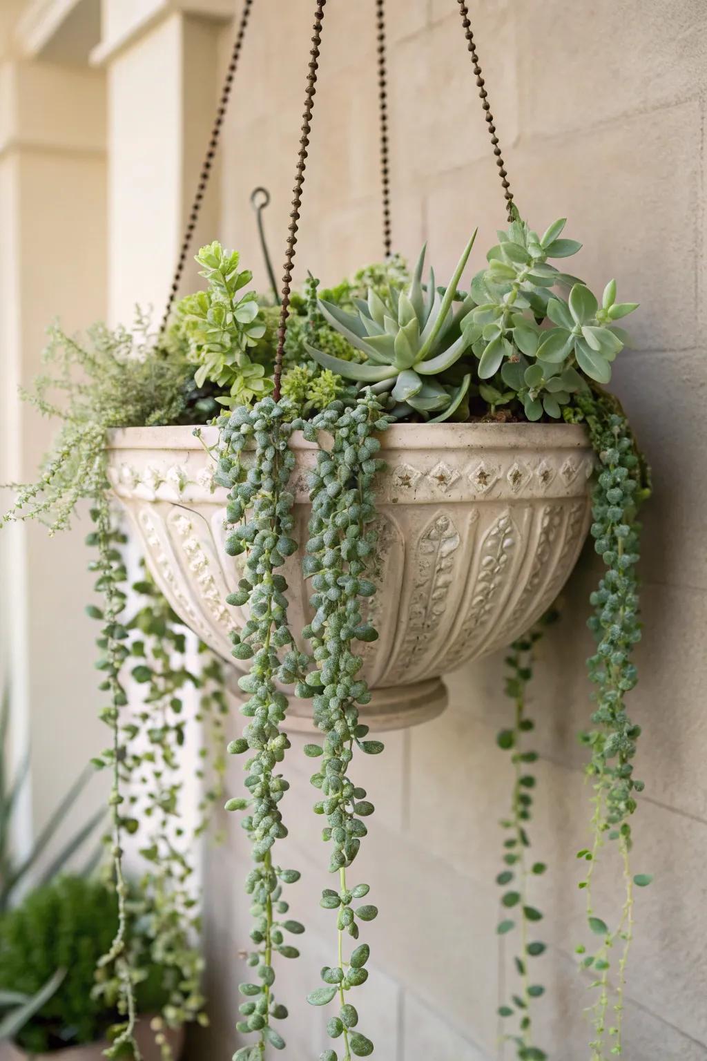 Elevate your decor with hanging succulent gardens.