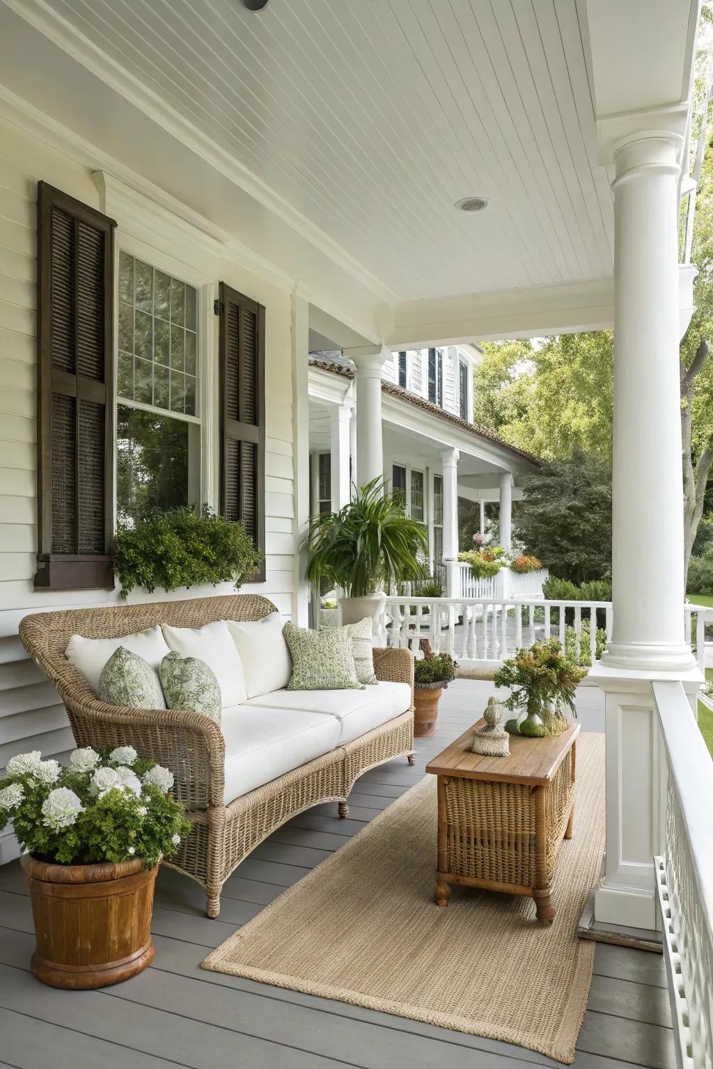 A classic white porch exudes timeless elegance and versatility.