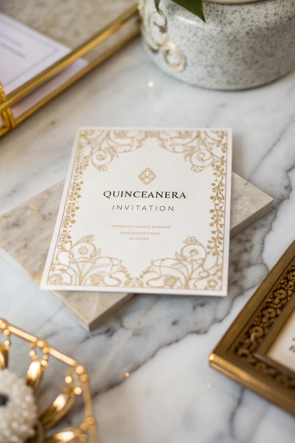 An elegant quinceañera invitation with luxurious gold foil details