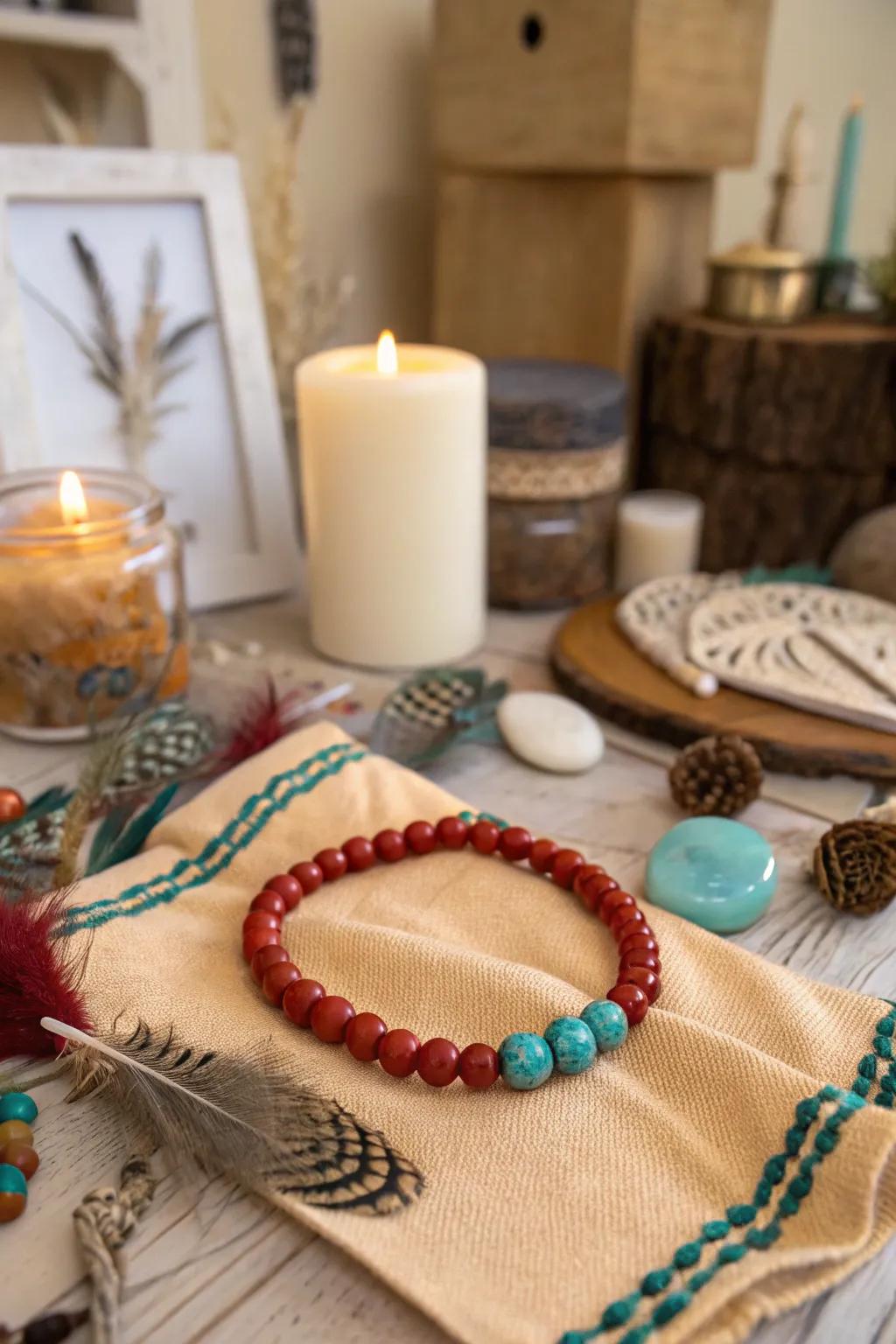 Red clay and turquoise beads offer a vibrant contrast.