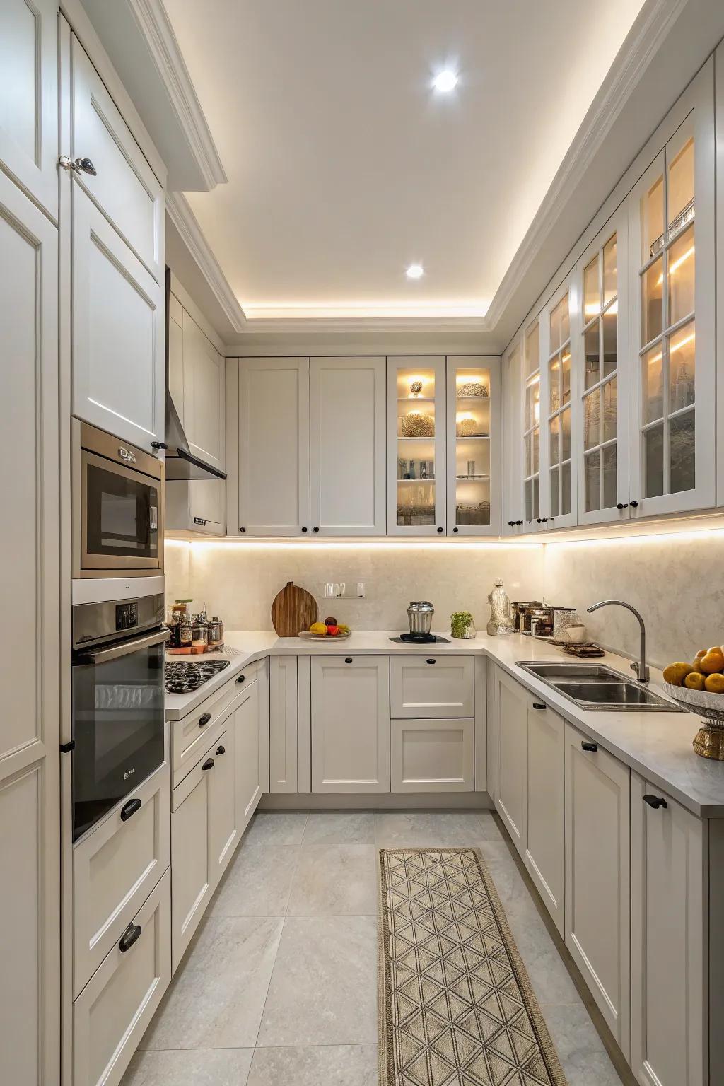 Small kitchen showcasing tall cabinets that provide ample storage and make the space feel larger.