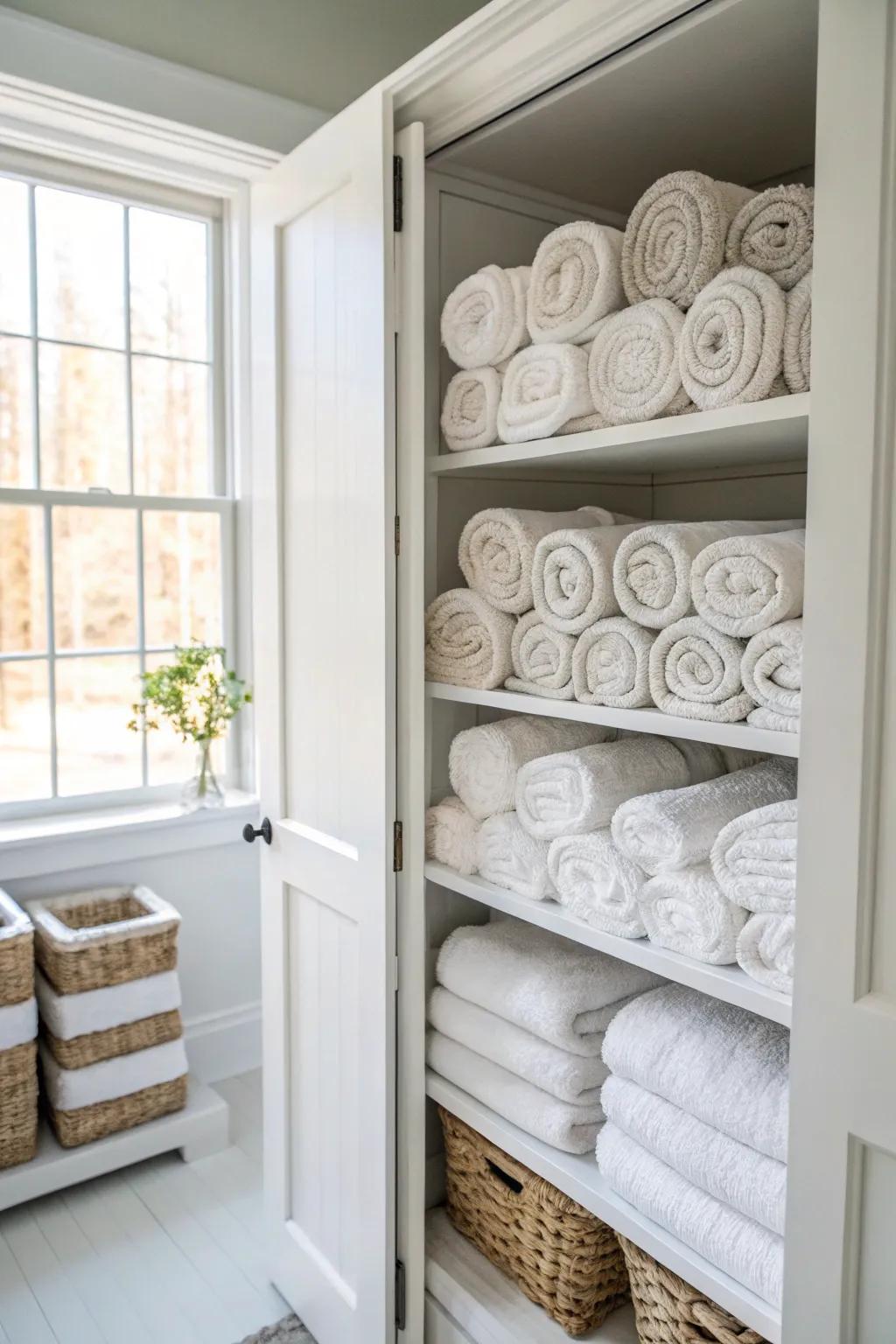 Diagonal Rolls for a Space-Saving Linen Closet