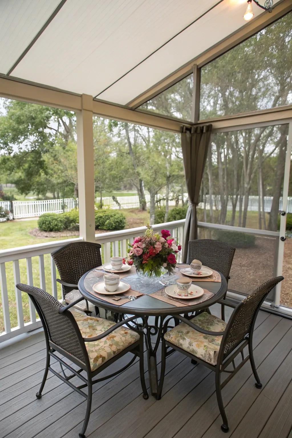 A dining area on the porch invites delightful meals with nature as your backdrop.