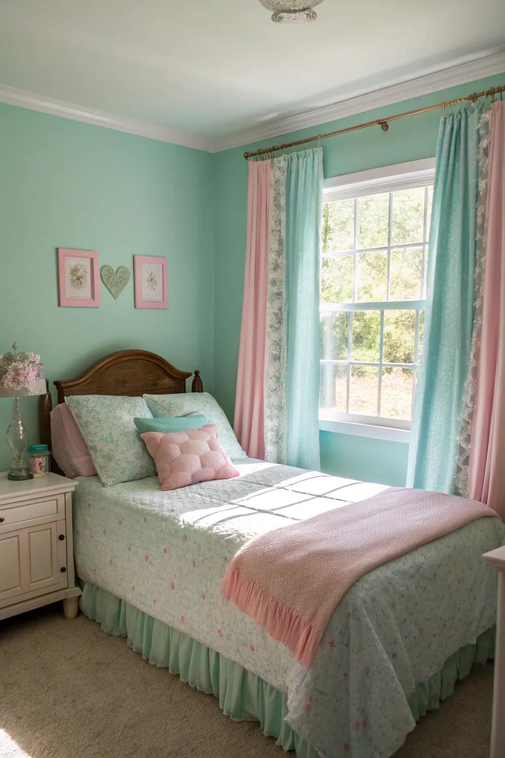 A whimsical bedroom with pastel accents perfectly complementing seafoam green walls.