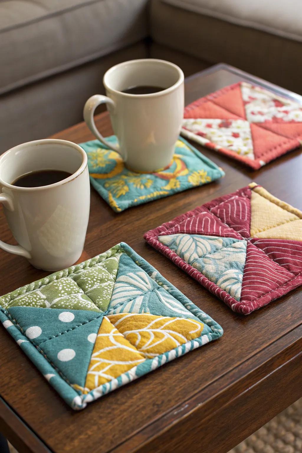 Colorful fabric coasters that are both functional and decorative.