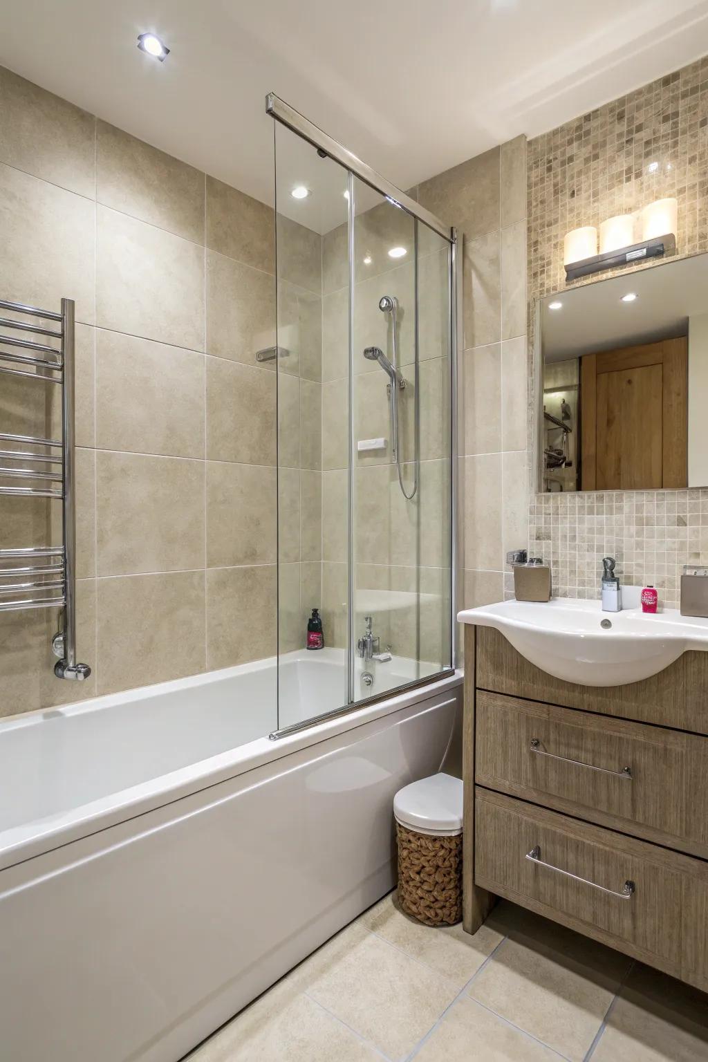 A shower-tub combo offers both functionality and style.