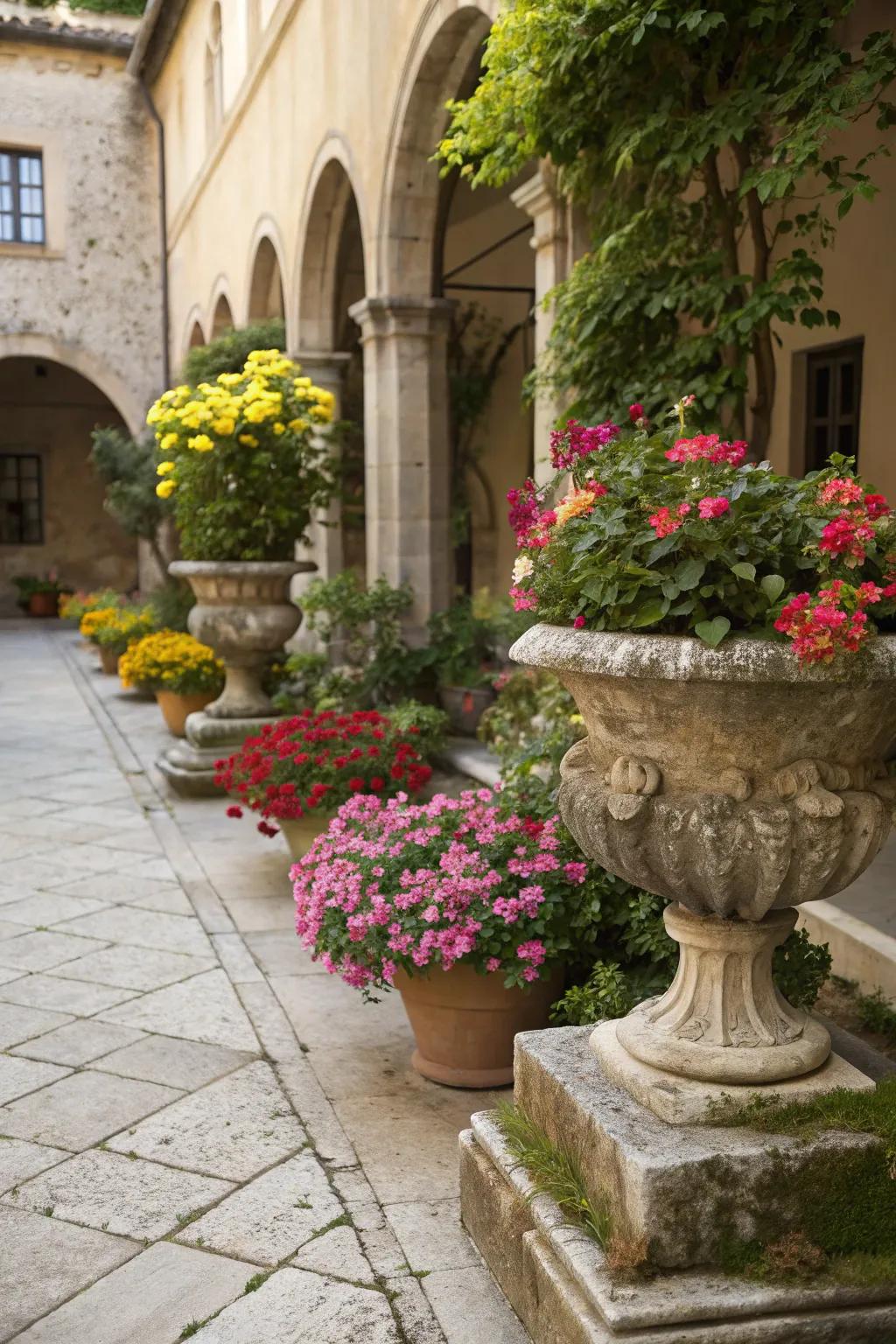 A quaint courtyard with antique stone planters filled with vibrant flowers.