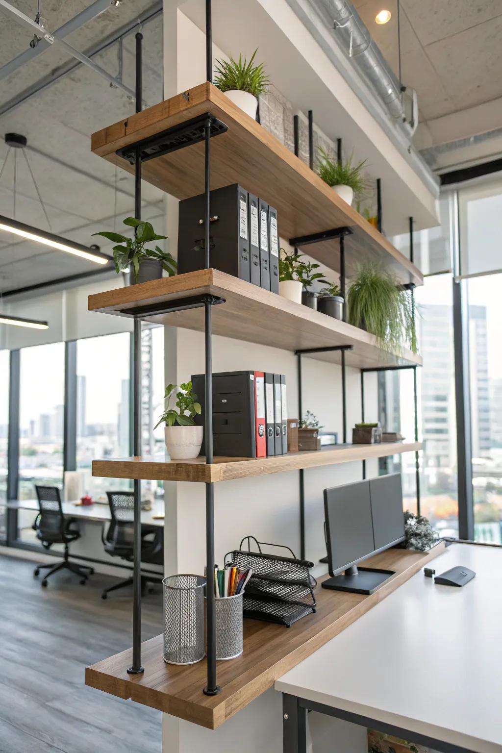 Floating shelves with steel brackets add a modern touch to any room.