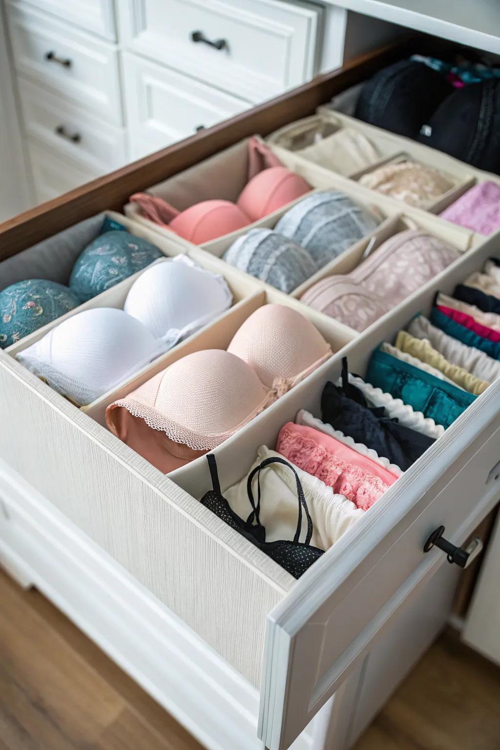 Drawer organizers offer a practical solution for bra storage.