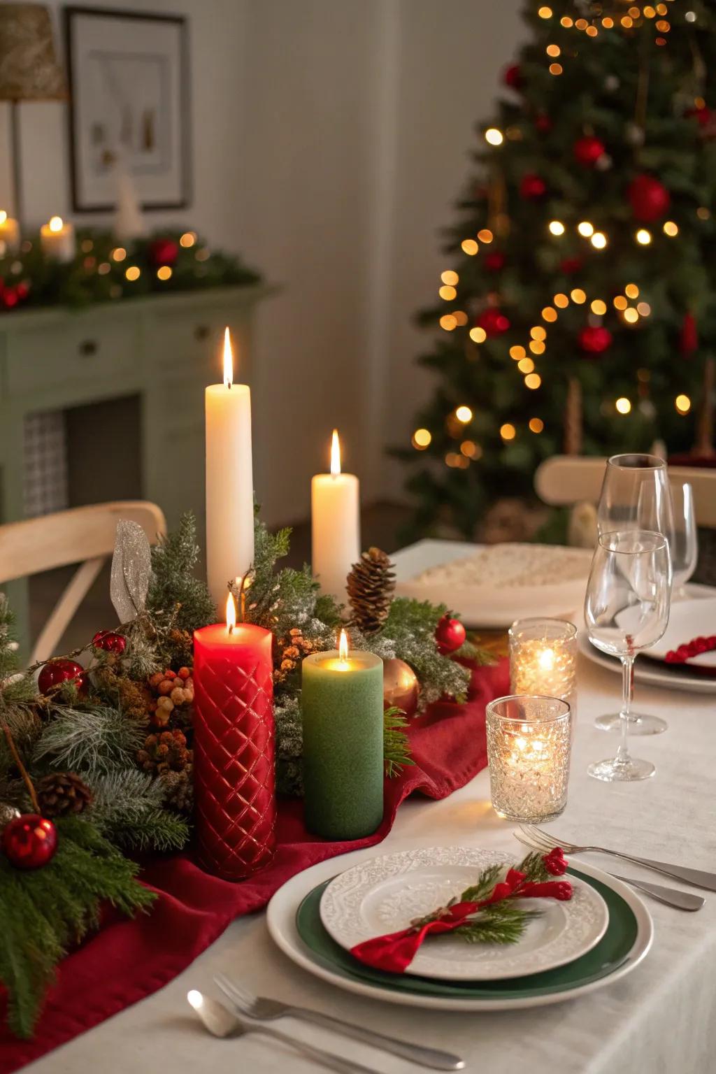 A cozy Christmas table illuminated by candlelight.