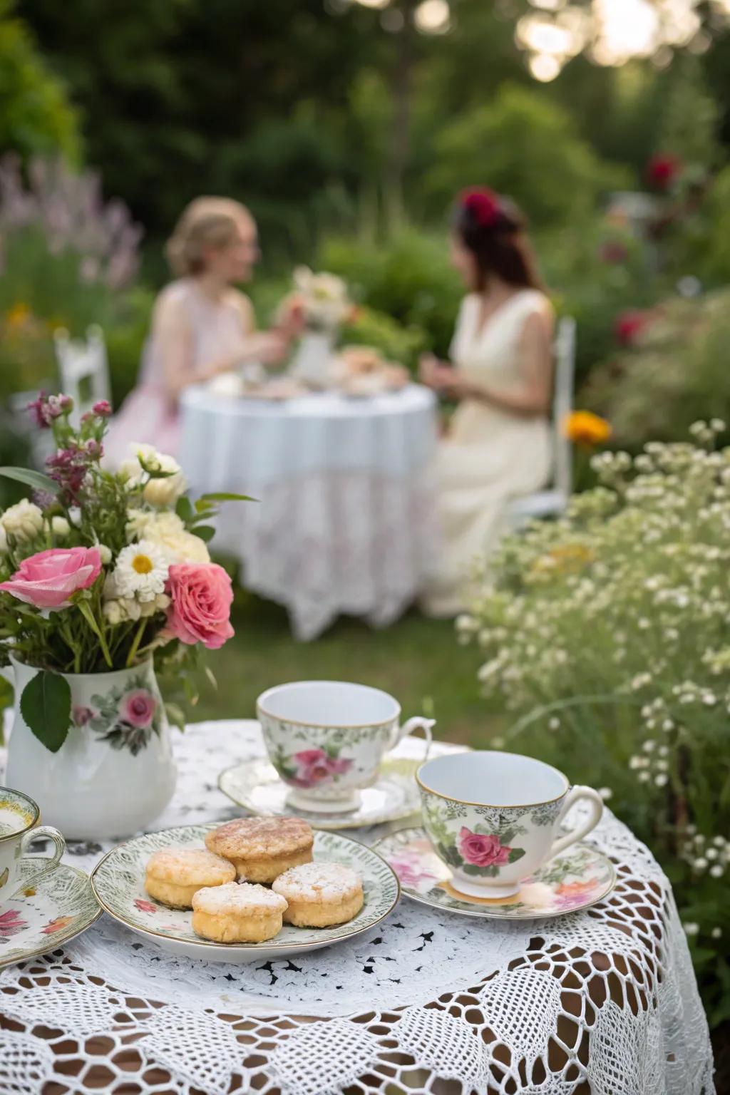 Garden tea party surrounded by lush blooms.