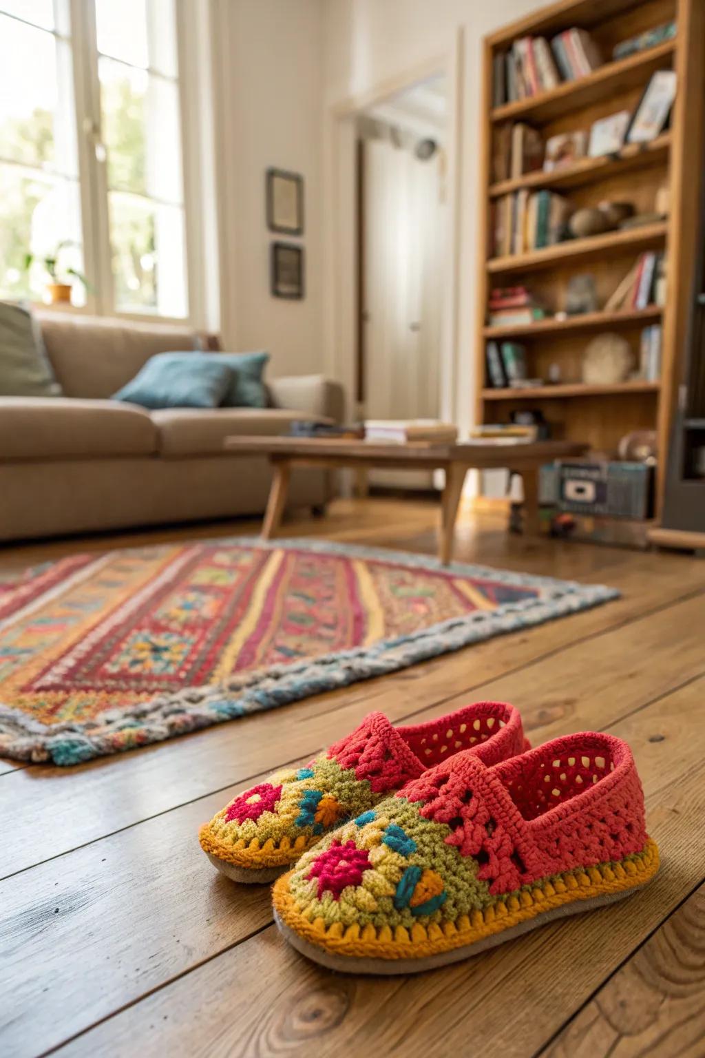 Cozy crochet slippers for relaxing at home.