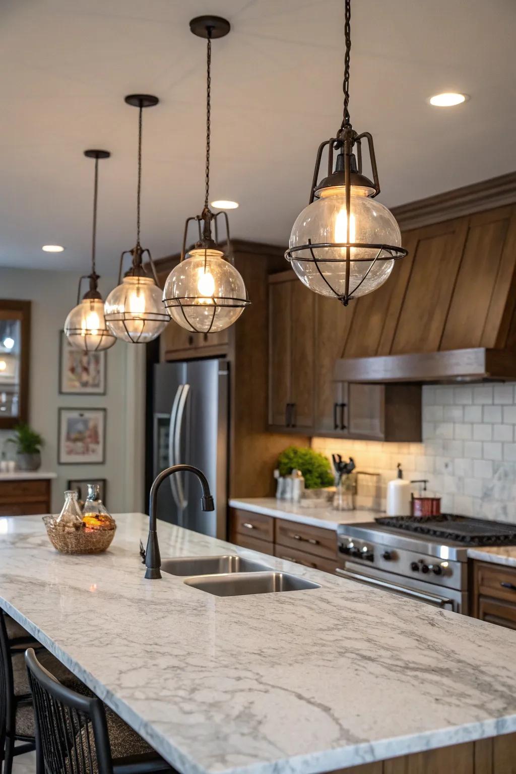 Transitional pendant lights bring sophistication to a kitchen space.