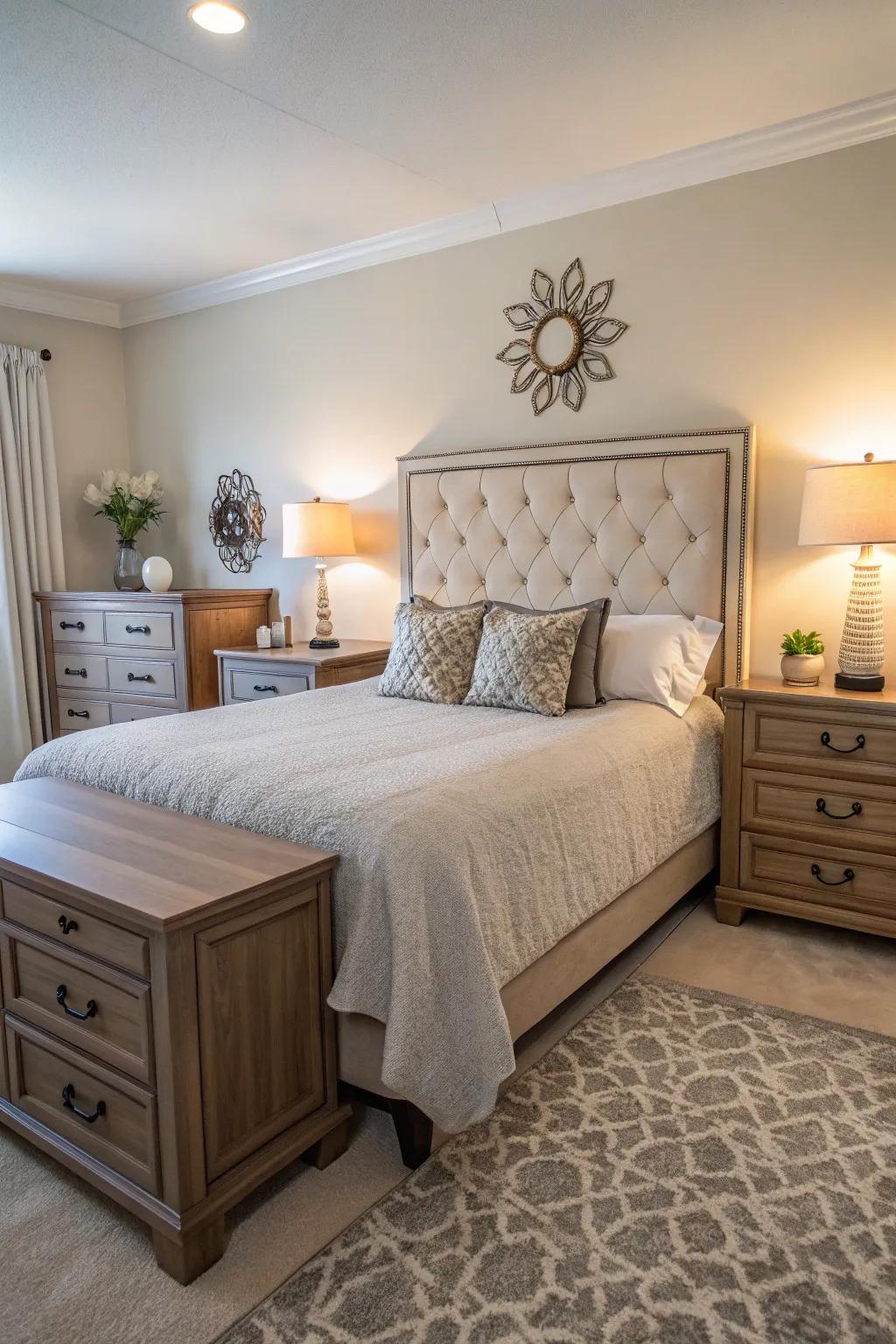 Symmetrical dressers provide balance and storage in a master bedroom.