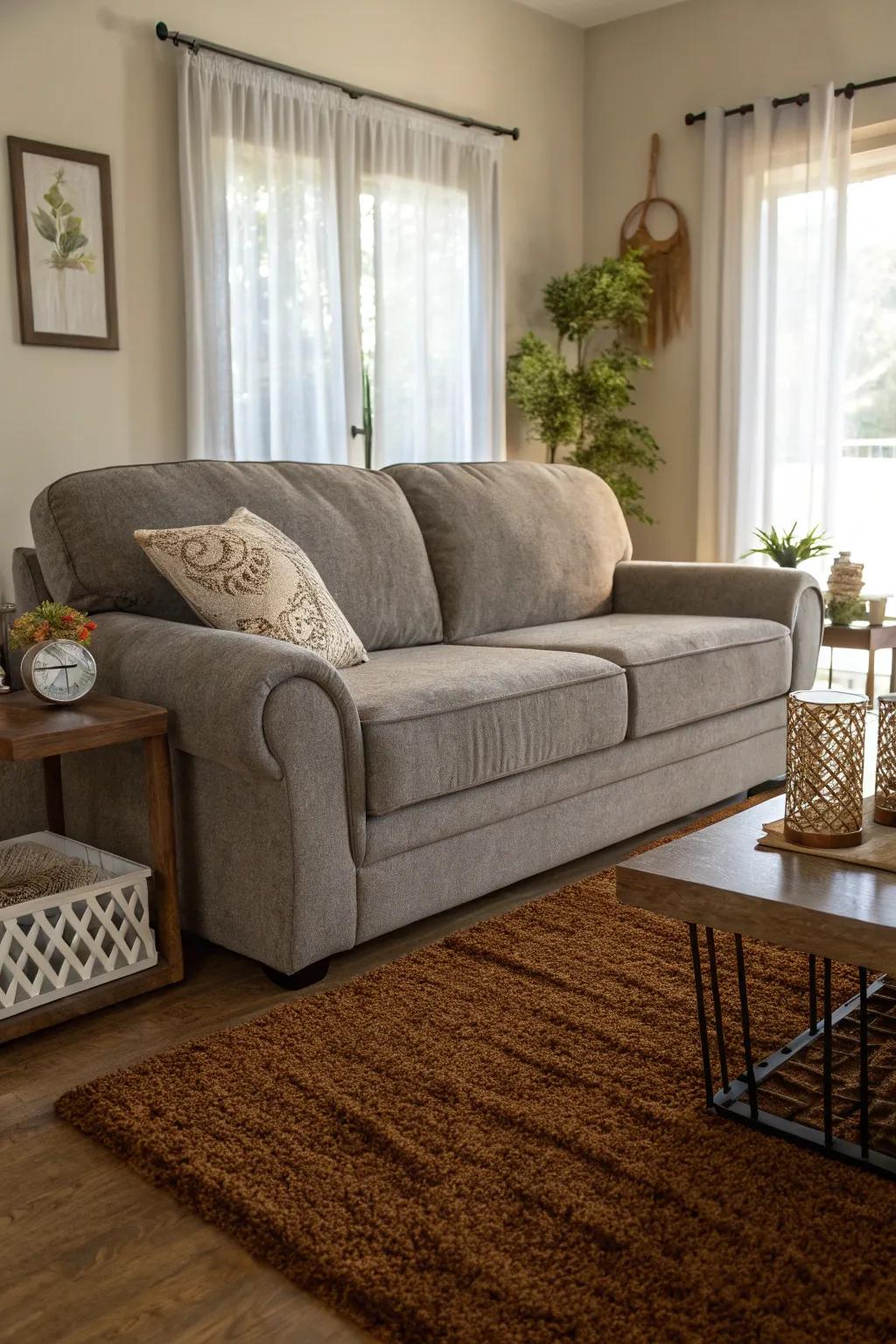 Brown rugs add warmth and depth to a room with a grey couch.