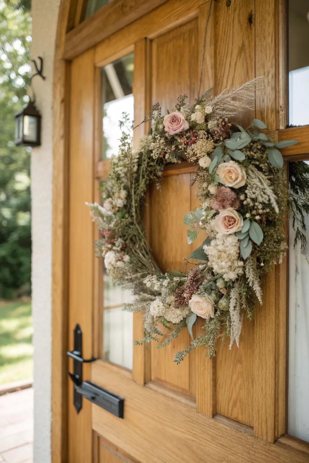 A dried flower wreath crafted from a wedding bouquet, beautifully adorning a wooden front door.