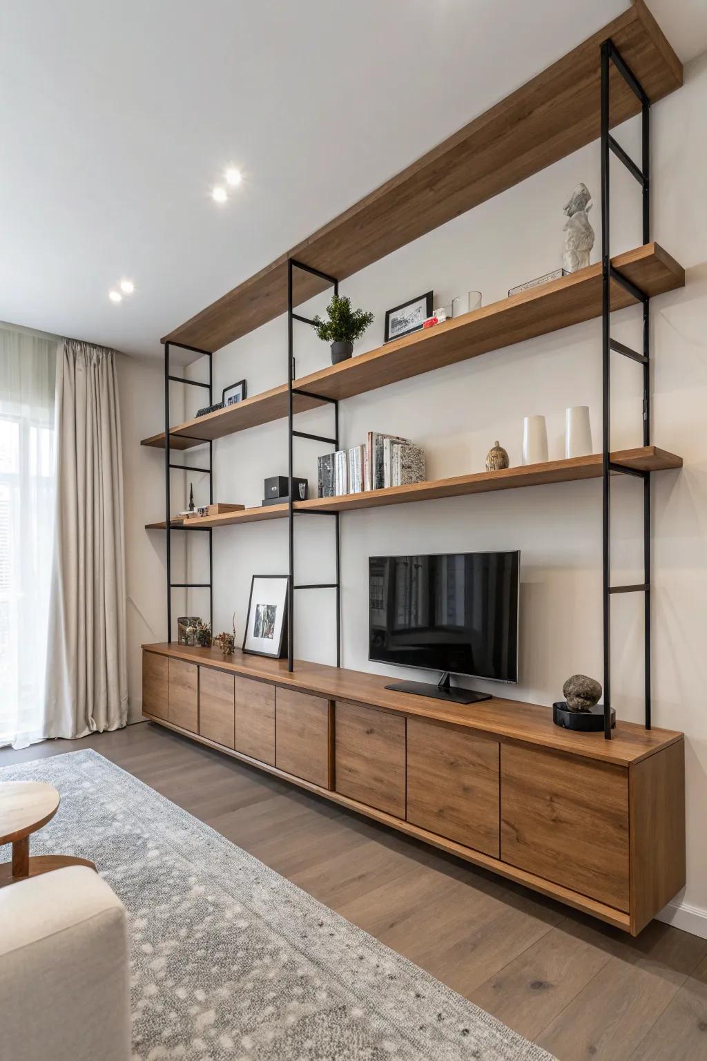 Minimalist wooden shelf brackets create a sleek look in this modern space.