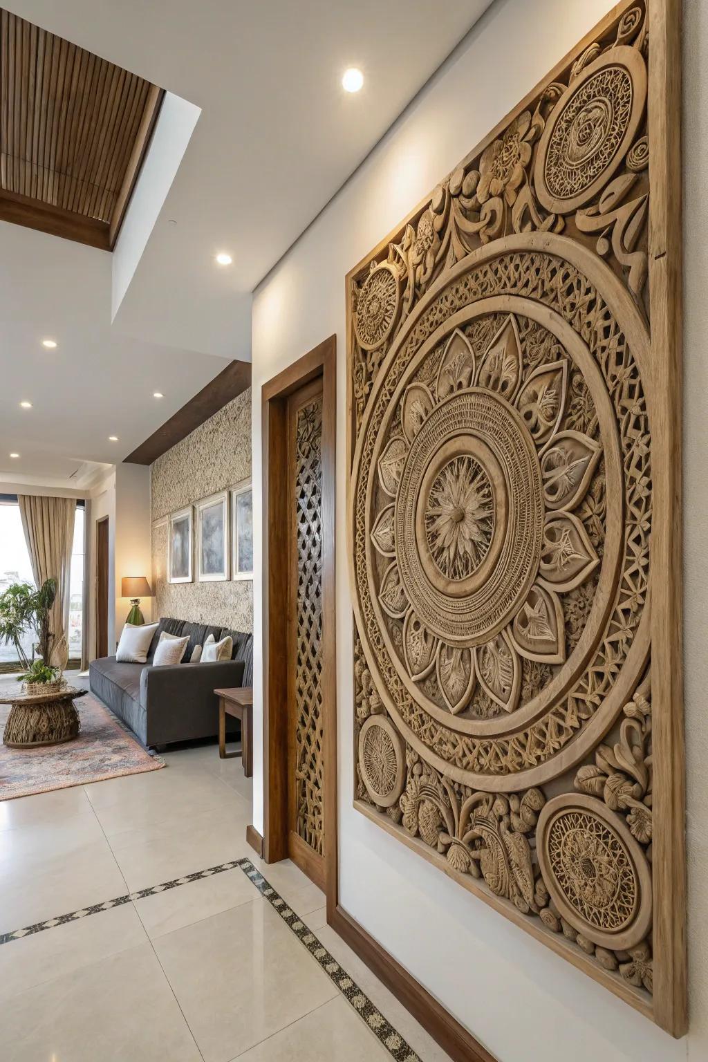 Intricate wooden wall art beautifully complements modern interiors.