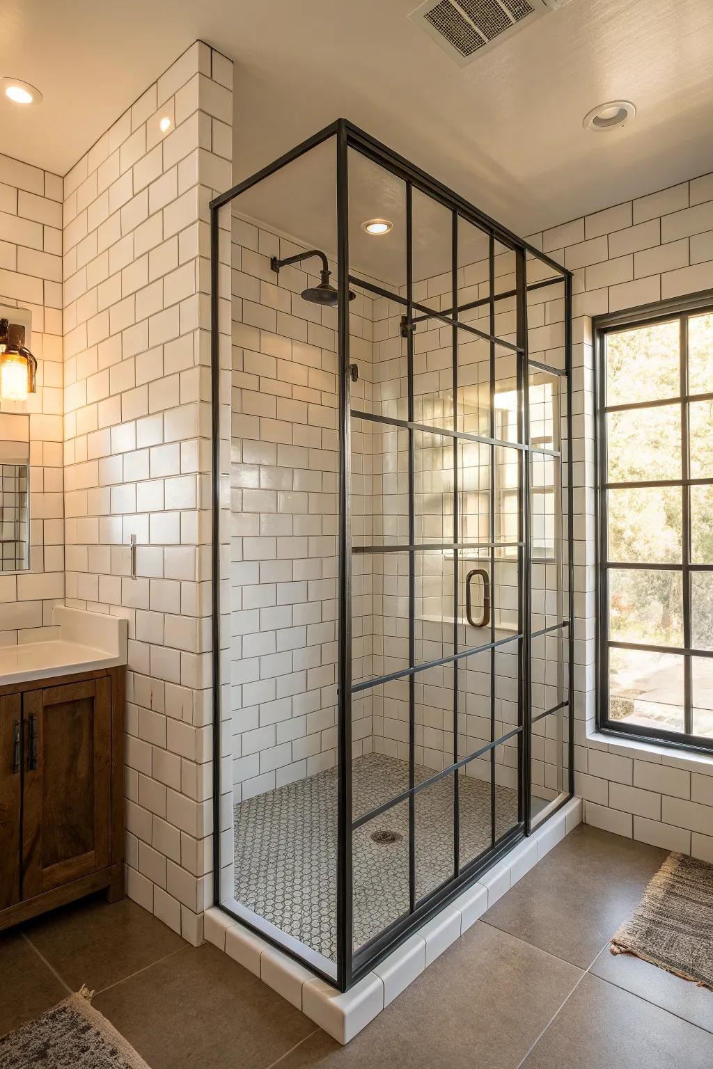 A sleek steel-framed shower enclosure adds modern industrial charm.