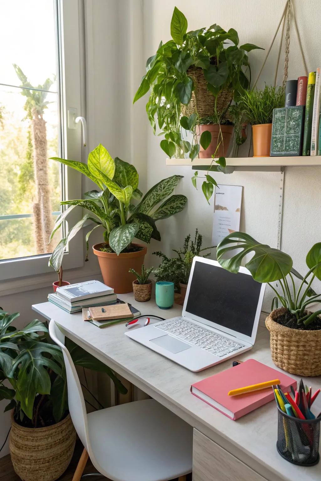 Greenery can bring life and tranquility to your home office.