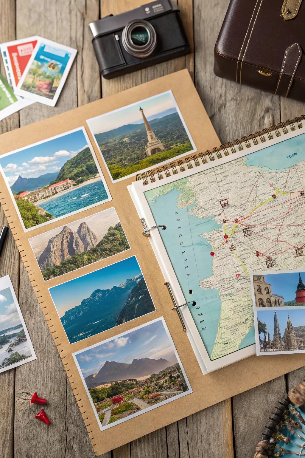 A travel-themed inspiration board featuring postcards, maps, and scenic landscape photos.