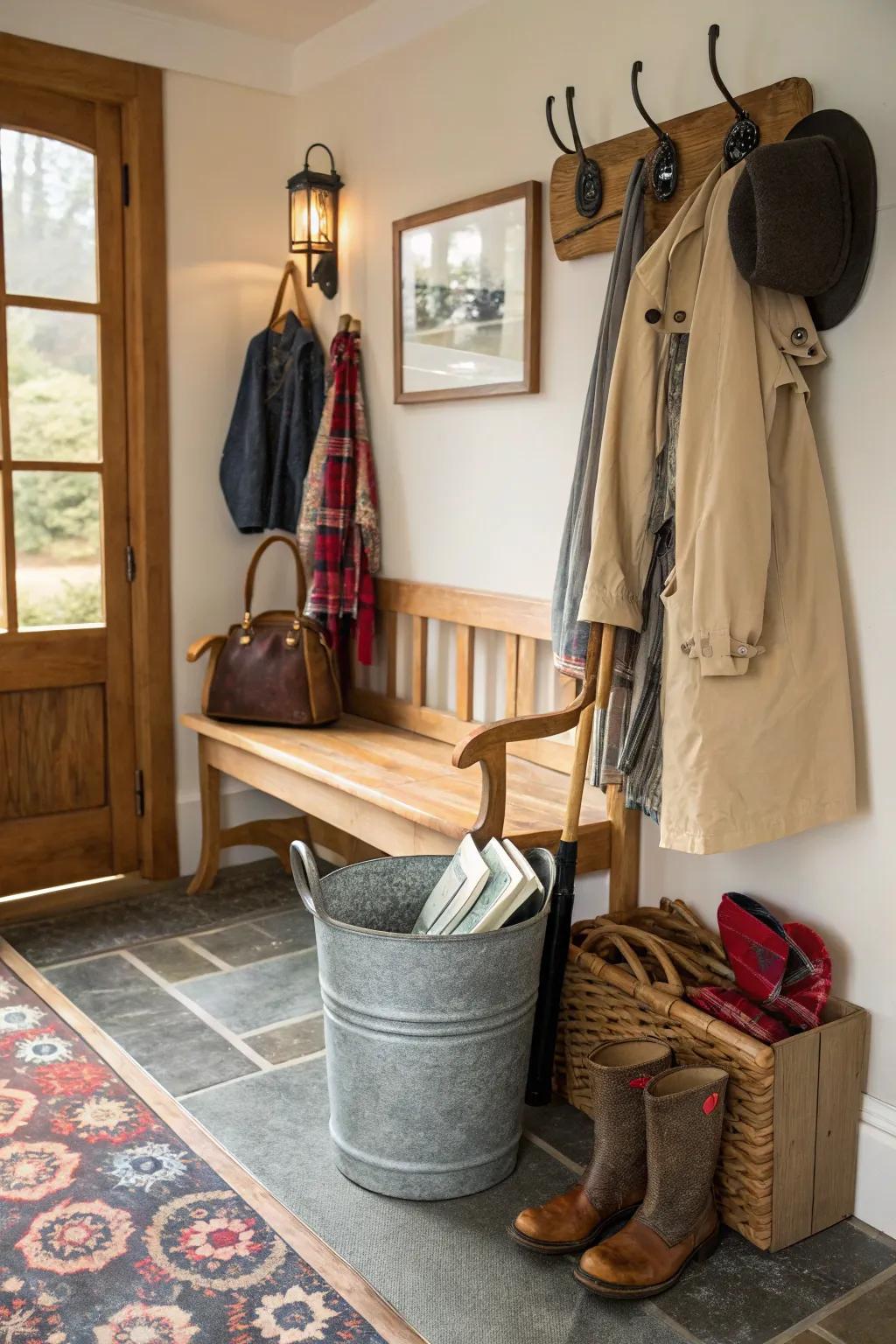 A galvanized bucket makes for a charming umbrella stand.