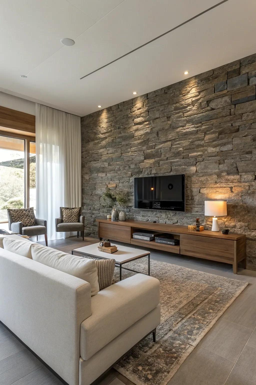 Modern elegance achieved with a slate stone wall.