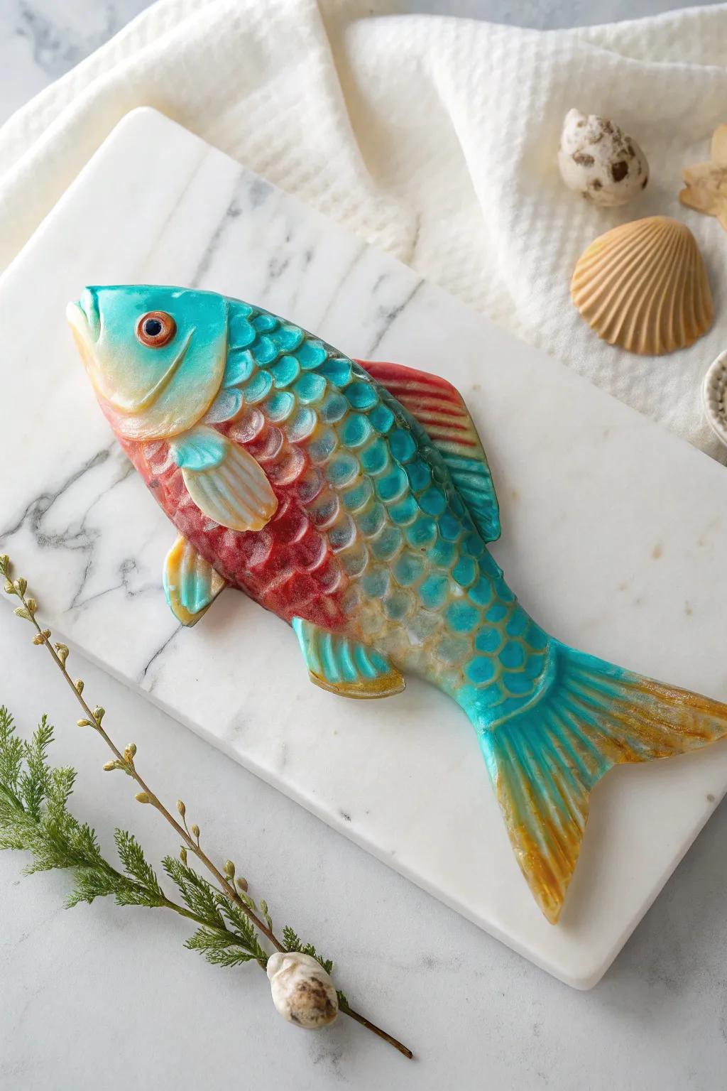 Dive into the beauty of isomalt artistry with this vibrant fish design, bringing a splash of ocean whimsy to your decor.