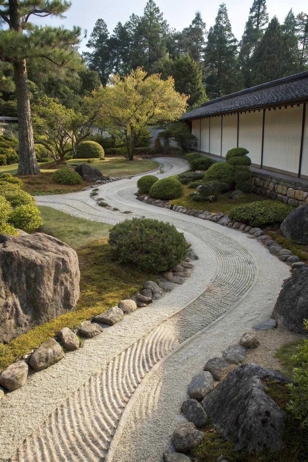 Winding stone pathway in a serene zen garden.