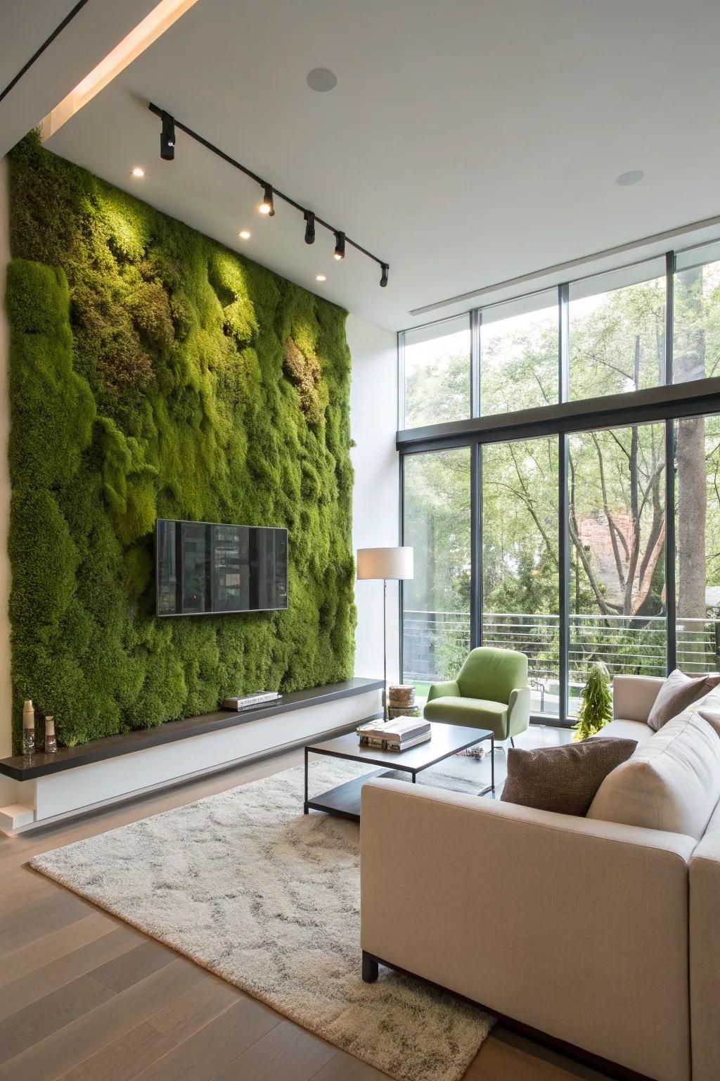 A vibrant moss wall adding a natural touch to a contemporary living room.