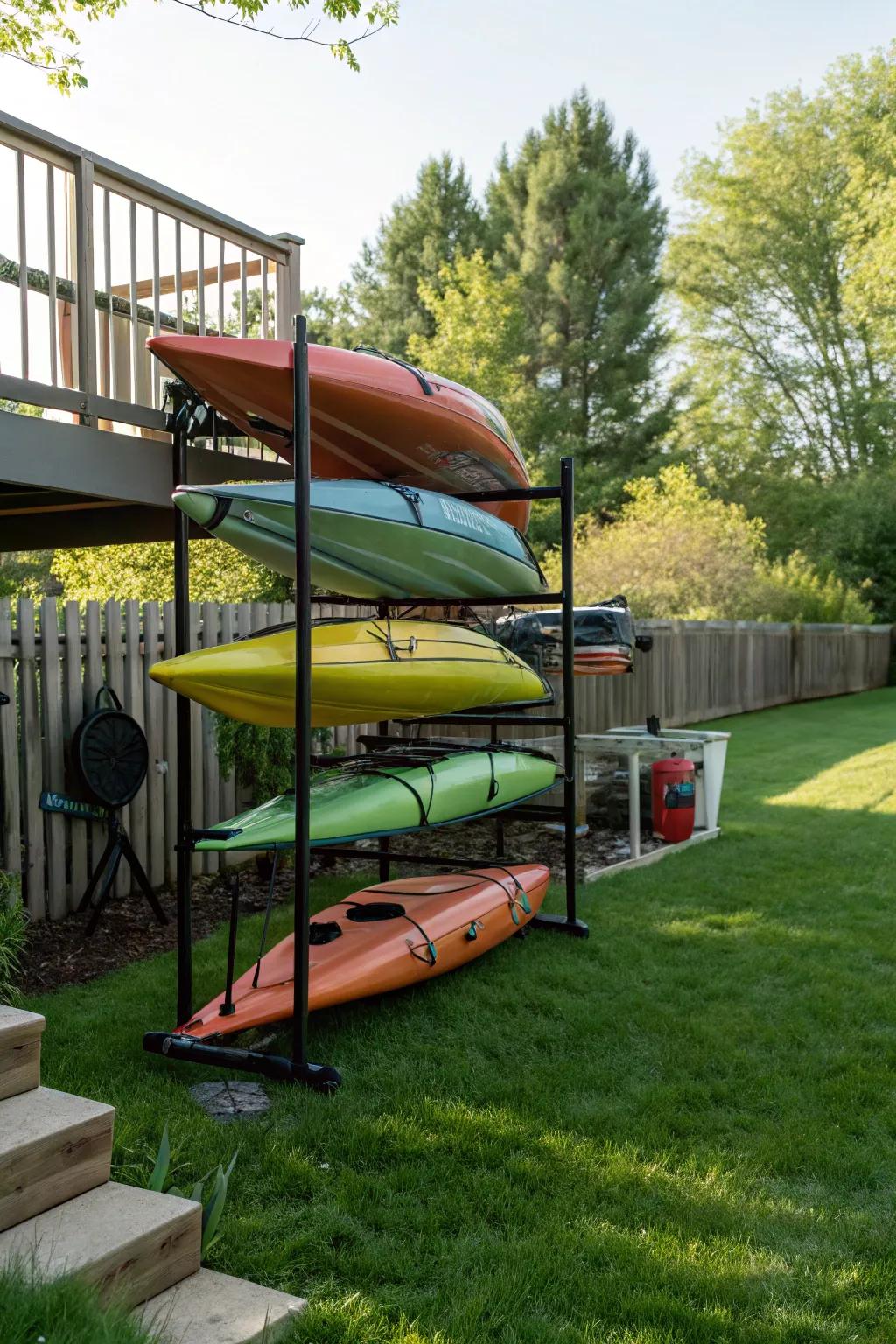 A flexible freestanding rack for multiple kayaks in a backyard setting.