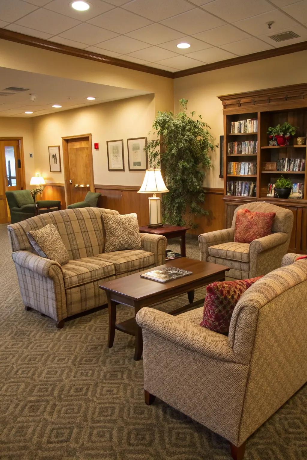 Plush chairs and a loveseat create a cozy seating area in the keeping room.