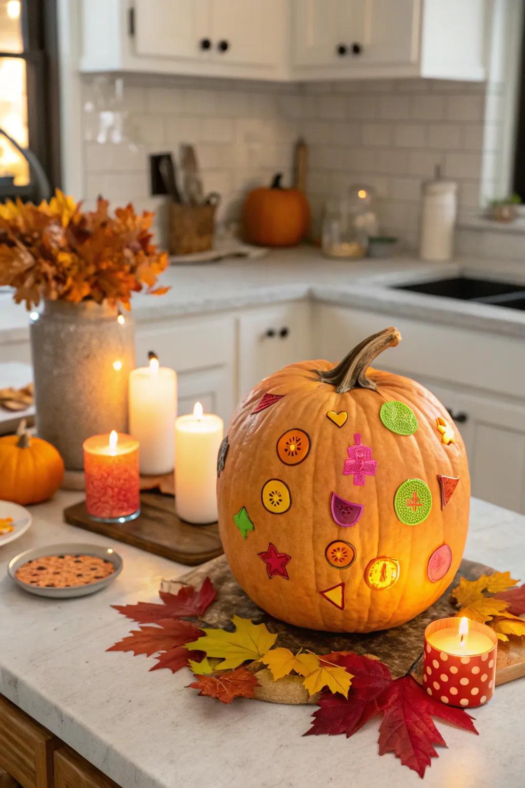 Stickers transform a simple pumpkin into a playful masterpiece.