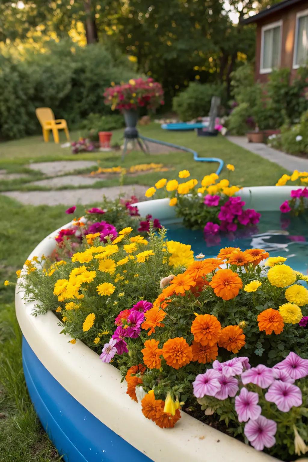 A burst of floral color created with a simple kiddie pool.