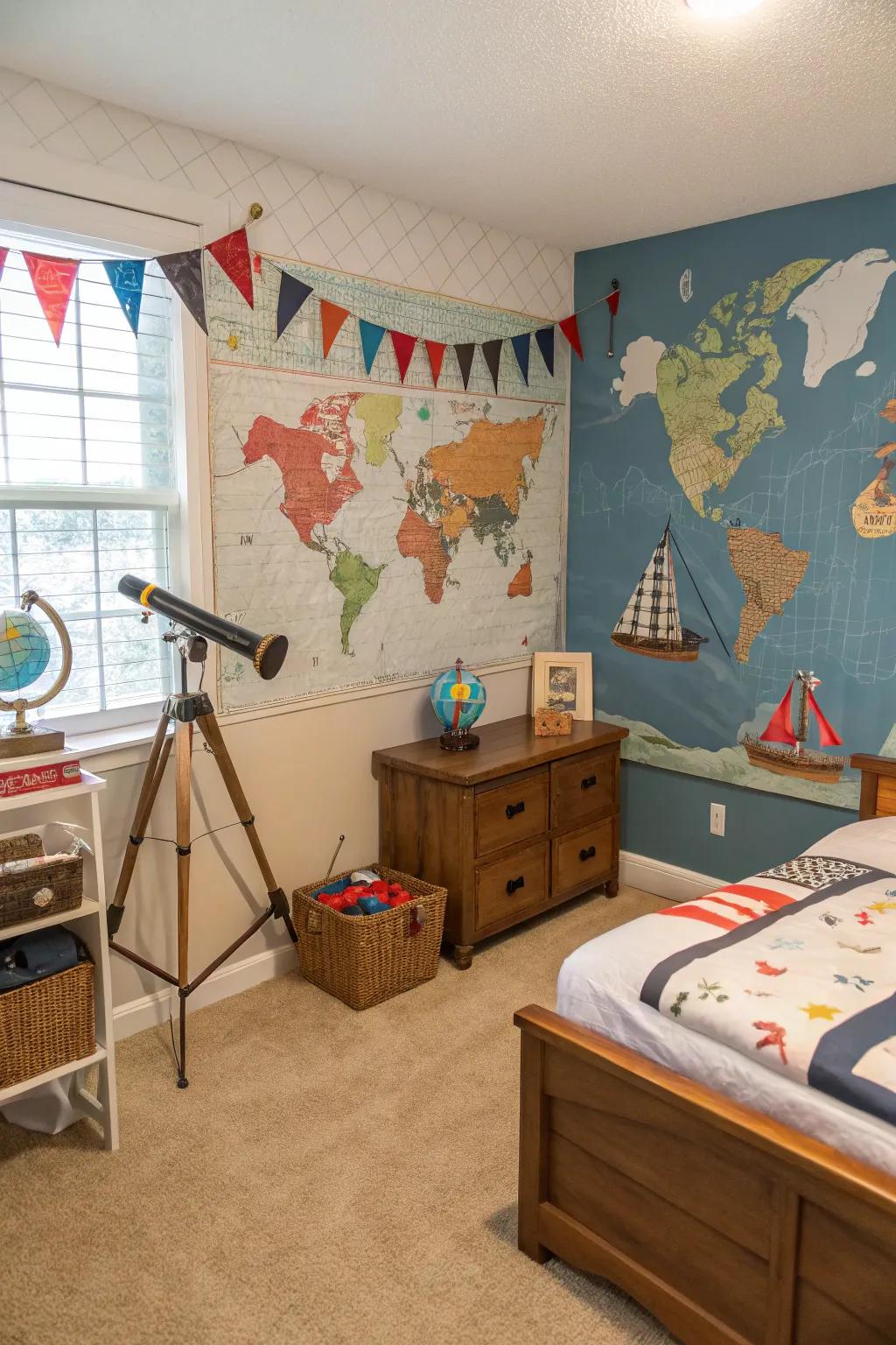 An adventure-themed bedroom perfect for little explorers, complete with maps and globes.