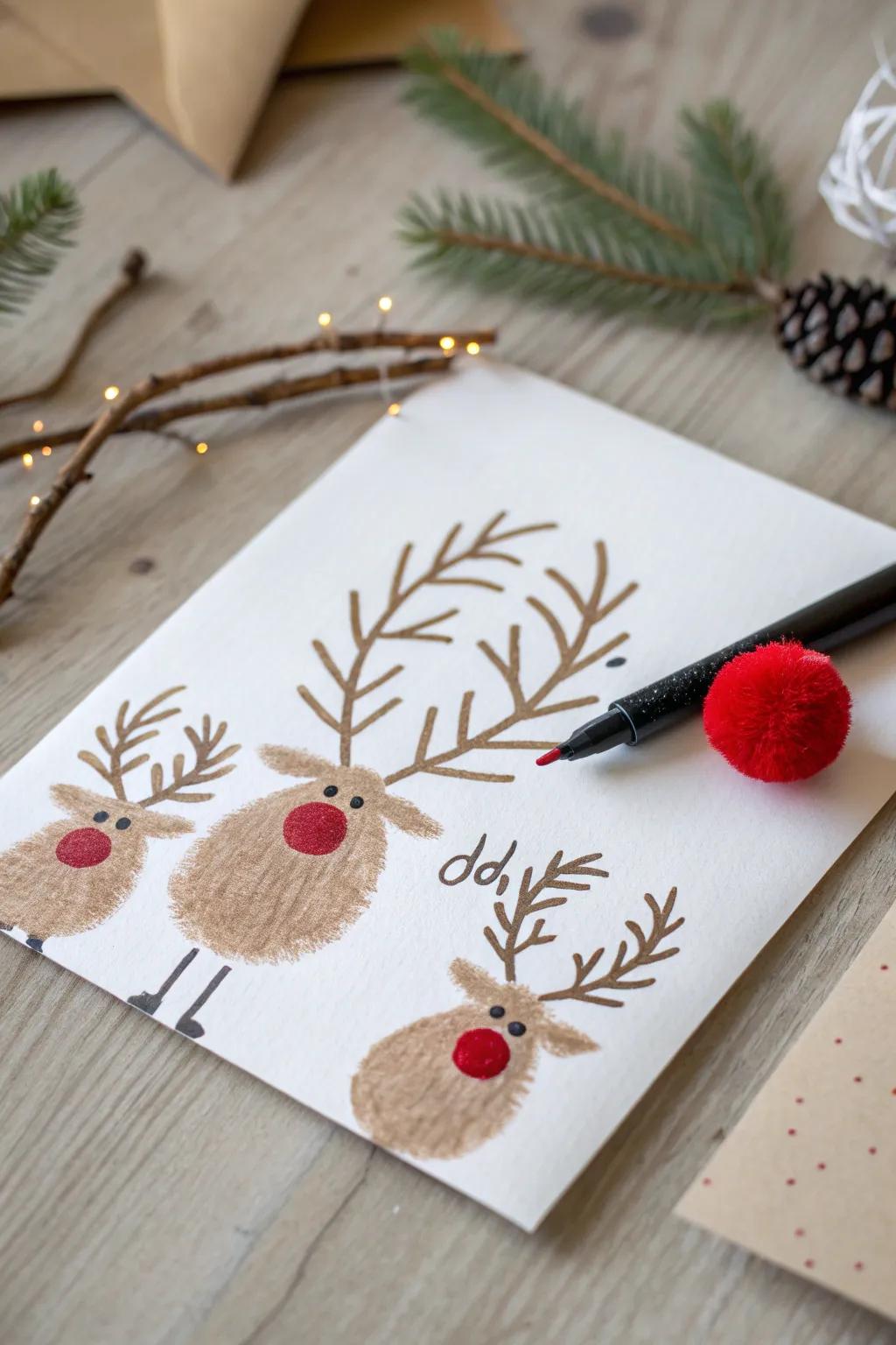 Crafting joy: Adorable fingerprint reindeer Christmas card, perfect for adding a personal touch to your holiday greetings.