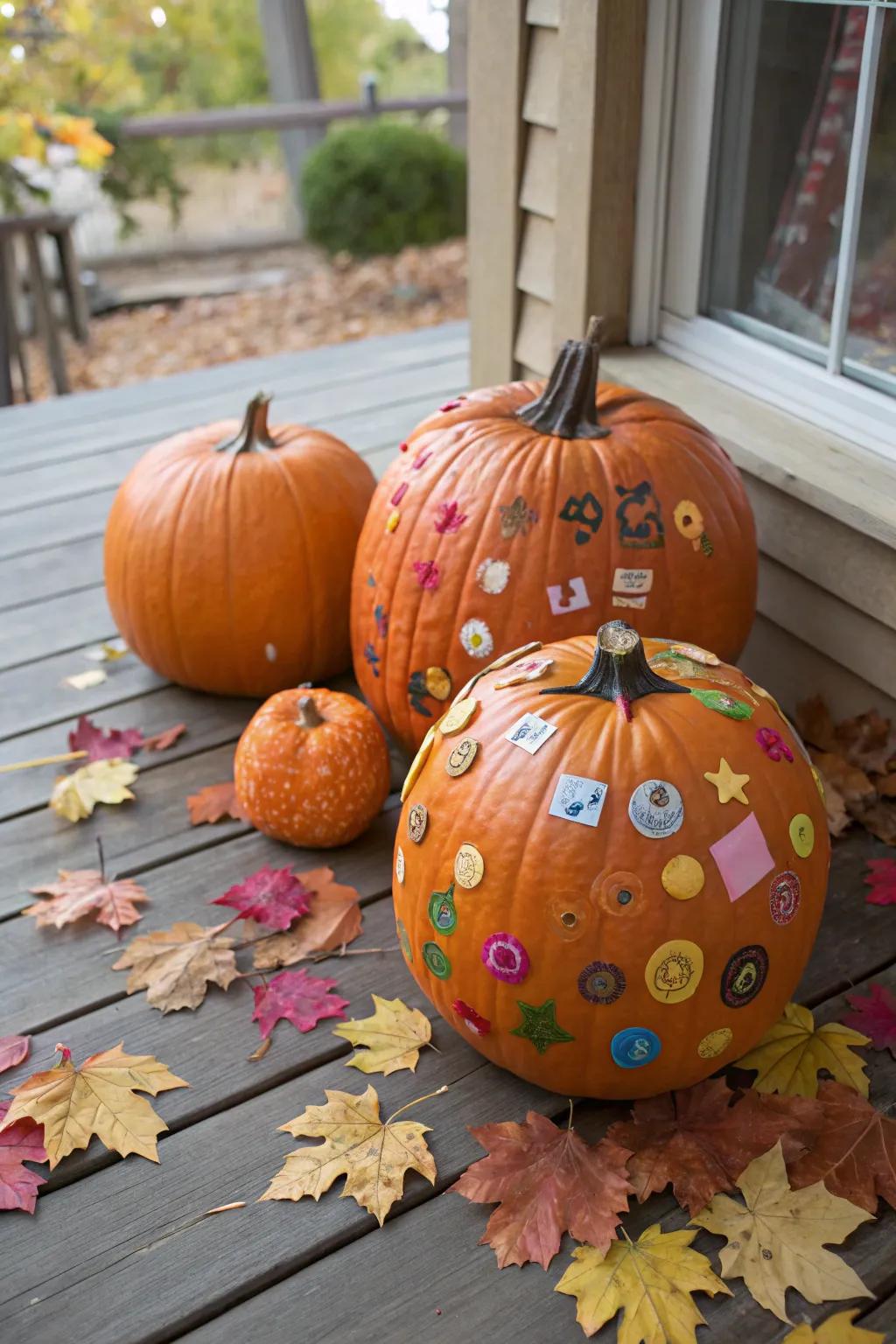 Pumpkins adorned with vibrant stickers, bringing a playful flair to fall decorations.