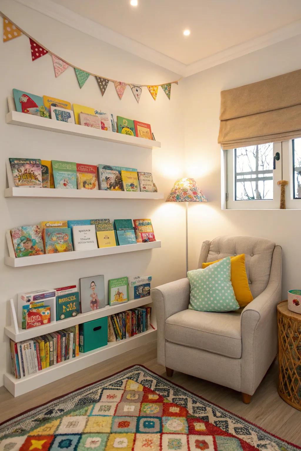 Floating shelves keep books organized and accessible.