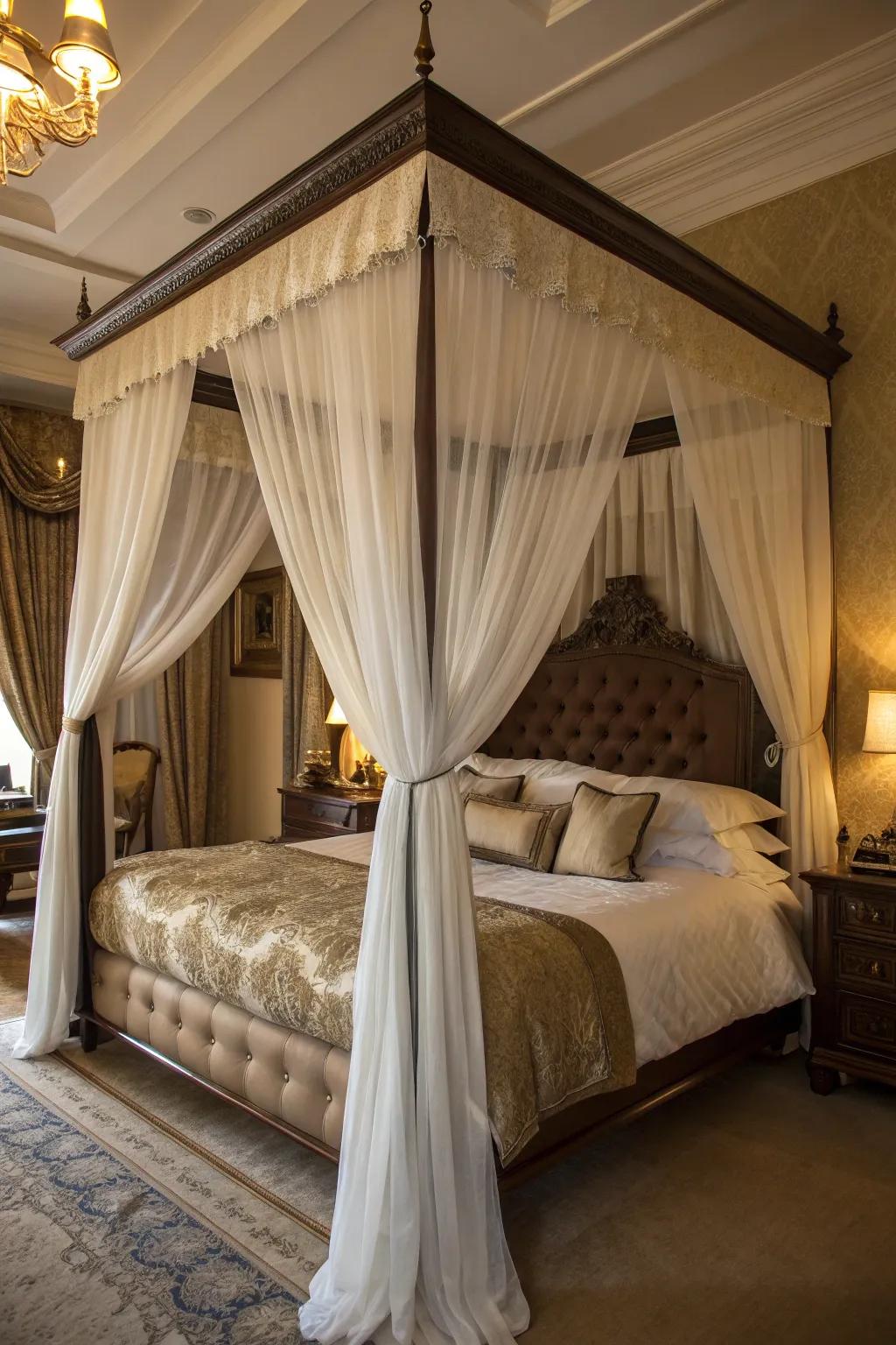 A dramatic canopy king bed with sheer drapes for a touch of elegance.