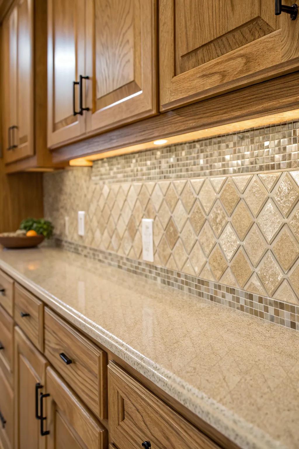 Warm beige mosaic tiles enhancing the oak cabinetry.