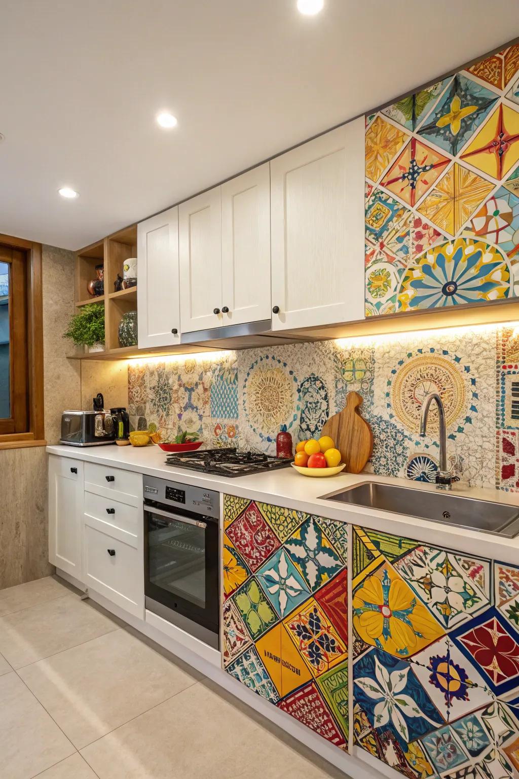 A vibrant mosaic tile backsplash becomes the kitchen's focal point.