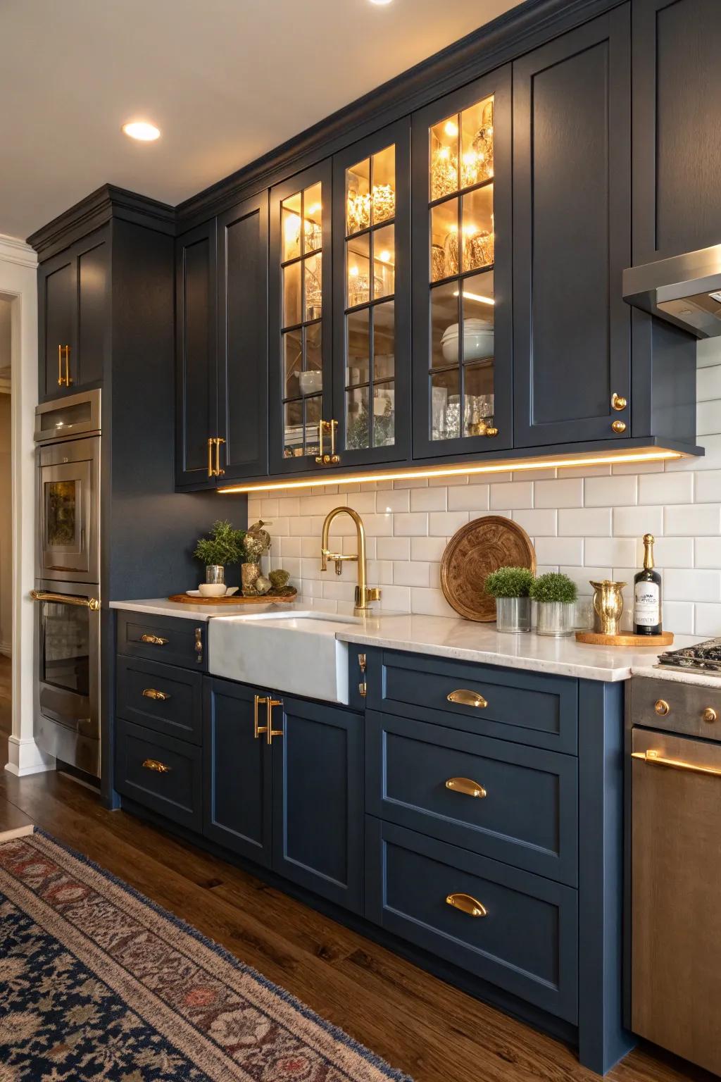 Navy blue cabinets add a touch of elegance to any kitchen.