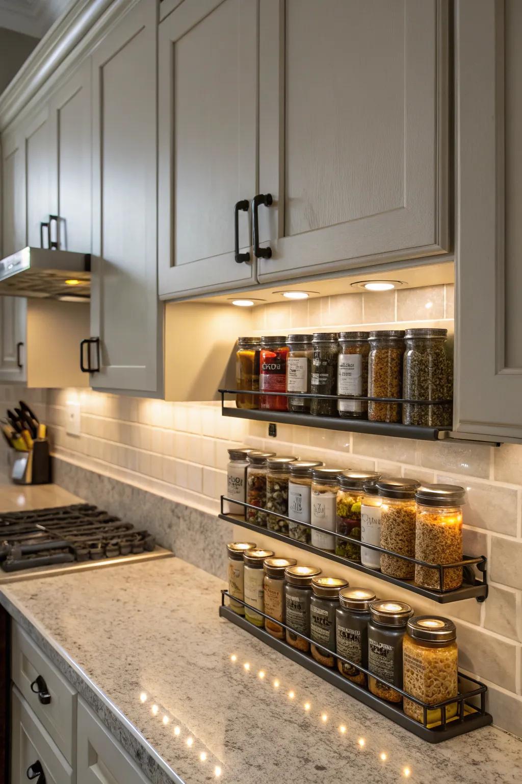 Puck lights under cabinets add focused lighting to specific kitchen areas.