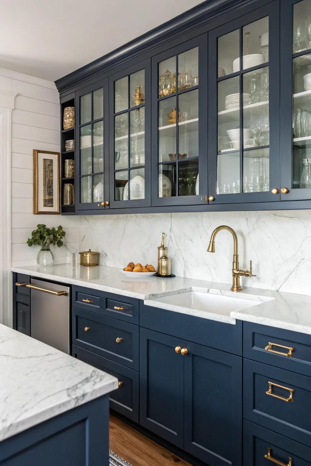 Navy blue cabinets bring depth and elegance to this kitchen.