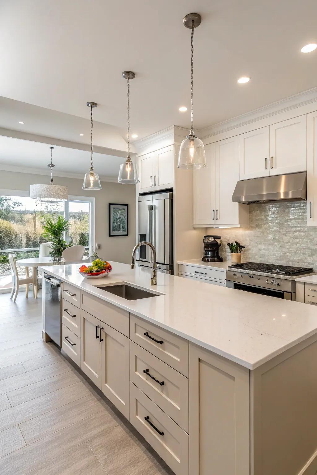 Quartz countertops are durable and versatile, perfect for busy kitchens.