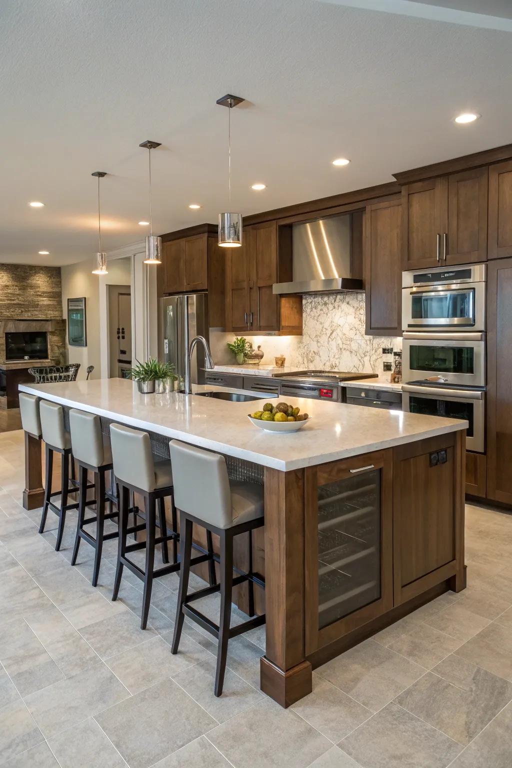 Double ovens cleverly incorporated into a large kitchen island.