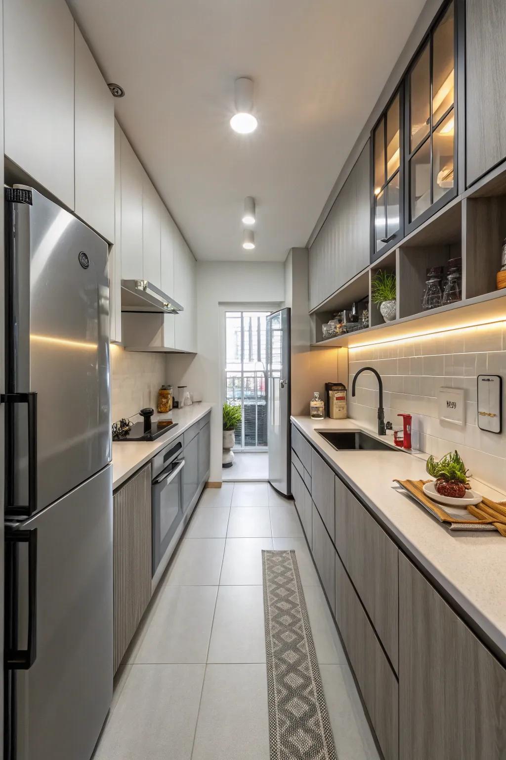 A narrow galley kitchen exemplifies efficiency and modern design.