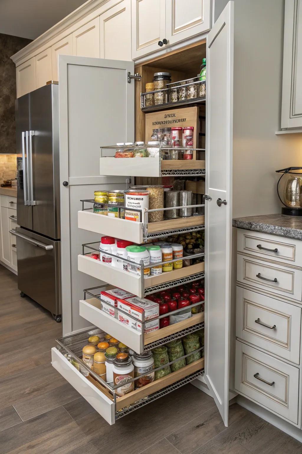 Pull-out pantry shelves make organizing food items simple and efficient.