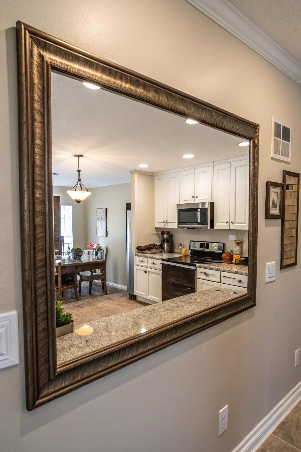 A large framed mirror adds depth and light to the kitchen.